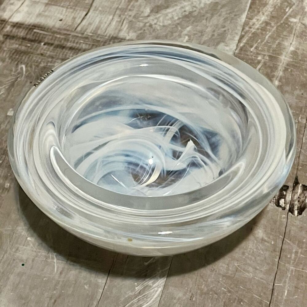 1990s Kosta Boda Atoll Anna Ehrner White Blue Swirl Crystal Bowl
